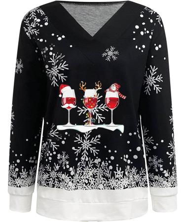 Women's Lightweight Christmas Print Sweatshirt - Loose Fit V Neck Pullover, Snowman Tree Design, Long Sleeve Top - Casual Crew Jersey - Wine (Small) - Buy Online on SooperMarket.com