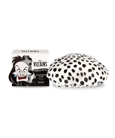 MAD BEAUTY Disney Villains Cruella de Vil Shower Cap  101 Dalmatians Polka Dot Pattern  Black and White  Adorable  Novelty Shower Cap  Keeps Hair Dry in Bath or Shower