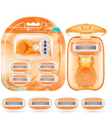 Travel Razors for Women Include 1 Handle and 5 Cartridges Extra Smooth 5-Blade Mini Razor with Travel Case Portable Travel Size Toiletries for Women Orange