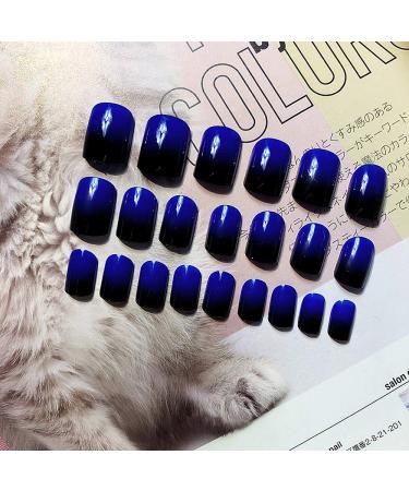 Siusio 24-Piece Black Gradient Artificial Nails Set - Full Cover Short Gel-Art with Royal Blue Jewelry Top Coat for Women & Girls - Buy Online on SooperMarket.com