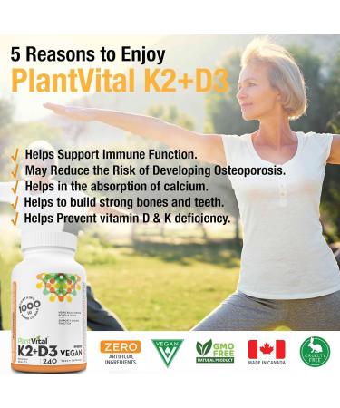 PlantVital High-Potency Vegan Vitamin D3 + K2 - (1000IU / 25 mcg + 120 mcg) for Bones Teeth Good Health and Immune System - Patented MK7 Form - K2 D3 vitamin - 8 Months Supply - 240 Capsules. 240 count (Pack of 1) - Buy Online on SooperMarket.com