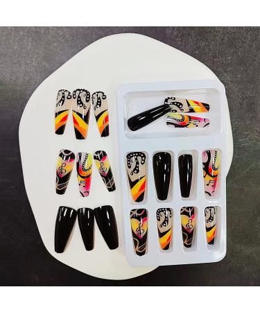 GORS Long Black Press on Nails - Colorful Coffin Fake Nails with Graffiti Note Designs | Full Cover False Nails for Women - Buy Online on SooperMarket.com