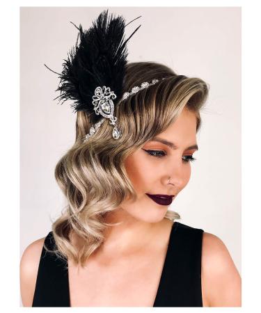 SWEETV 1920s Feather Headpiece Black  Womens Ostrich Feather Crystal Headband  Great Gatsby Hair Accessories for Women  Ribbon Tie