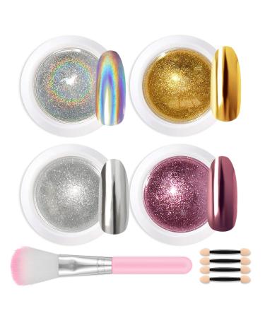 Lofuanna Chrome Nail Powder 4 Colors Mirror Effect Holographic Laser Glitter Manicure Chrome Pigment Powder for Nail Art Deco with 4pcs Eyeshadow Sticks and Dust brush 0.5g/Jar