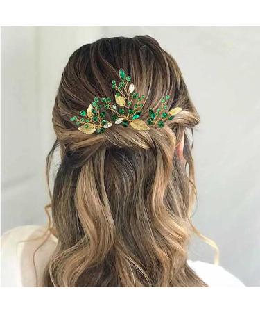 Emerald Green Rhinestone Gold Leaf Wedding Hair Pins - Pack of 3 | Bridal Hair Accessories for Women Girls - Buy Online on SooperMarket.com