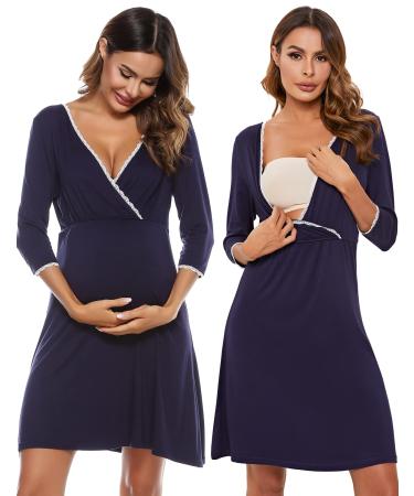 Sykooria Women's Breastfeeding Dress Cotton Soft Nursing Nightdress 3/4 Length Sleeves Maternity Nightdress Labour Nightgown for Hospital and Home A - Navy Blue L