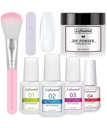 Lofuanna Dip Powder Nail Kit Starter-Clear Nail Dipping Powder with Base&Top Coat&Activator&Brush Saver No UV/LED Needed DIY French Nail Art Manicure Easy to Apply for Home or Salon Use 010