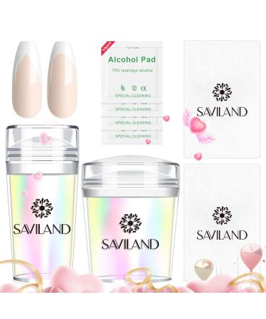 Saviland French Tip Nail Stamp  5PCS Gold Radium Jelly Stamper Nail Art Stamper Kit, Long & Short Clear Silicone Nail Stamping with Scrapers Nail Stamp for French Manicure