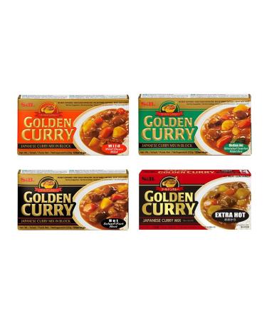 S&B Golden Curry Sauce Mix 220g (Set of 4 Flavours: Mild Medium Hot Hot Extra Hot) by CNMART