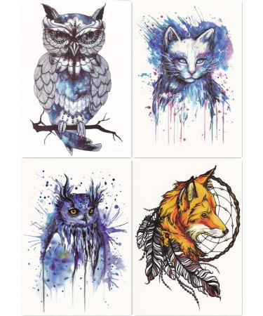 Dalin 4 Sheets Temporary Tattoos  Blue Owl  Cat  Fox Fake Tattoos for Women Men