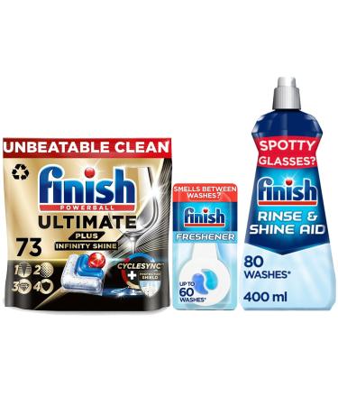 Bundle of Finish Ultimate Plus Infinity Shine Dishwasher 73 Tablets Bundle 1 Dishwasher Freshener 4ml 1 x Rinse Aid 400ml