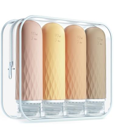 Gemice silicone travel bottles set 90ml 4 pieces of travel bottles for filling leak-proof cosmetic bottles for filling travel container bpa-free FDA approved for filling shower gel lotion apricot