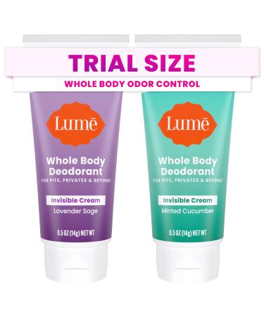 Lume Whole Body Deodorant - Mini Travel Size Invisible Cream Tube - Trial Size - 72 Hour Odor Control - Doctor Developed - Aluminum and Baking Soda Free - .5oz (2 Pk) (Lavender Sage & Minted Cucumber)
