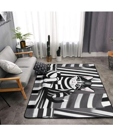 Black and White Striped Kitten Flannel Non-Slip Floor Mat - 63x48 Inches Comfortable & Lint-Free Perfect for Home & Office - Shop Internationally - Buy Online on SooperMarket.com