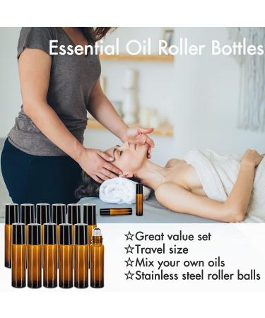 12 Pack 10ml Amber Glass Essential Oil Roller Bottles with Stainless Steel Roller Balls and Accessories | Labels, Openers, Funnels, Droppers Included - Buy Online on SooperMarket.com