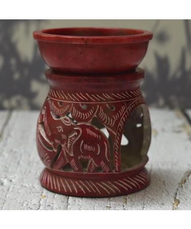 Hand Painted Red Elephant Soapstone Oil Burner Aroma Diffuser | Jali Work Tea Light Holder for Aromatherapy - Buy Online on SooperMarket.com