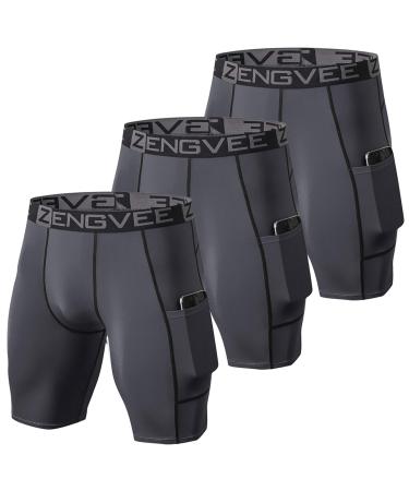 Zengvee 3 Pack men compression shorts running shorts men short quick -drying leggings briefly with side pockets tights sport underwear men m gray