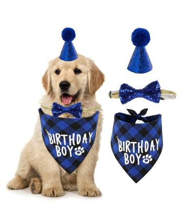 Dog Birthday Hat Bandana Set Dogs 3pcs Dog Birthday Tie Dog Birthday Party for Boy Girl Puppy Cat Pet Blue