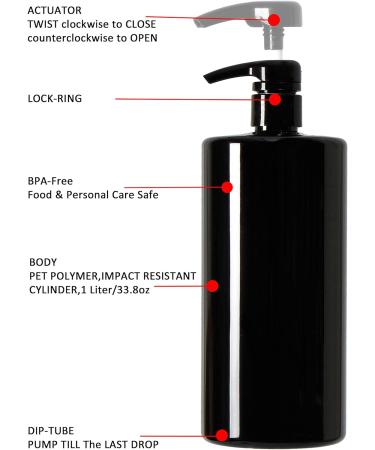 Youngever 4-Set 1L Pump Dispenser Bottles for Shampoo & Lotion | Reusable Plastic Soap Dispenser - Black - Buy Online on SooperMarket.com