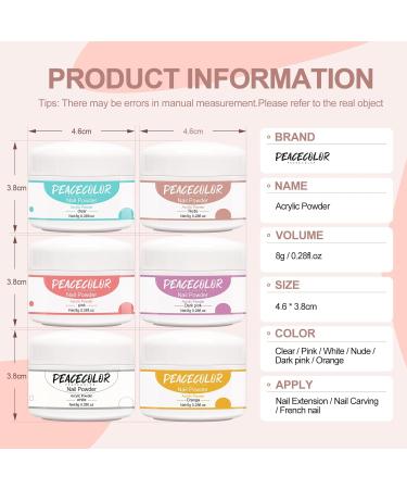 PEACECOLOR 6PC 8G Acrylic Powder Set Clear Pink White Nude Orange Dark Pink Color Collections Professional for Acrylic Nail Extension Carving Nails DIY Nail Art at Home No Lamp Needed XA-46 - Buy Online on SooperMarket.com