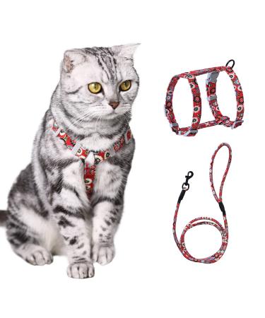 Pettom flower pattern cat dishes with a leash cat leash with dishes for cats for cats with a round lanyard Breaking -proof adjustable chest strap Suitable for small and medium -sized cats M red red