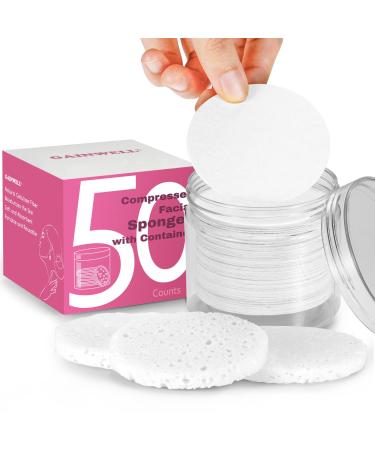 GAINWELL 50-Count Compressed Facial Sponges with Storage Container, for Facial Cleansing, Reusable Makeup Remover, Portable, Suitable for Travel, White