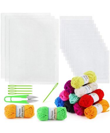 Pllieay 33 Pieces Mesh Plastic Canvas Sheets Kit Including 15 Pieces Clear Plastic Canvas, 12 Color Acrylic Yarn and Embroidery Tools for Embroidery Plastic Canvas Craft
