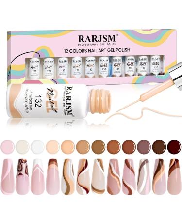 RARJSM Gel Paint for Nail Art Nude Liner Gel Nail Polish Set 12 Colors 5ml Pink Brown Line Art Gel Polish Build in Thin Sharp Brush for Swirl Nails Striping Painting Art Gel Soak Off Curing Requires 12pcs Nude Color Set