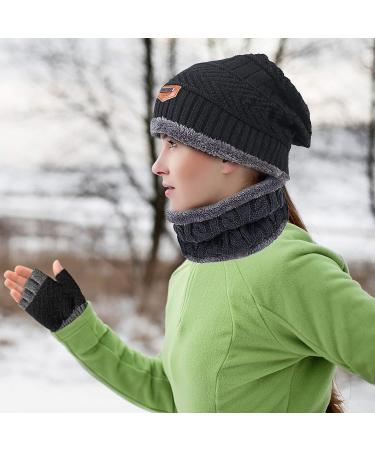 UNIROSE Winter Knitted Beanie Hat Gloves Scarf Set - Touchscreen Thermal Fleece - H30 Black - Buy Online on SooperMarket.com