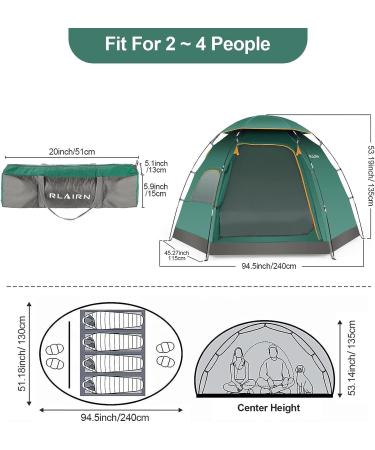 RLAIRN 4 Person Waterproof Camping Tent | Pop Up Instant Family Tent with Windproof Ropes | Ultralight & Anti-UV | Ideal for Camping, Hiking, Outdoor Activities | Green - Buy Online on SooperMarket.com