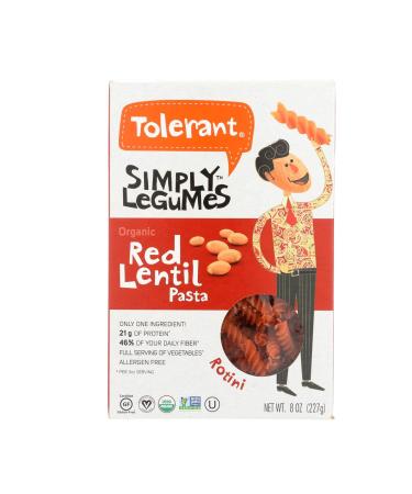 Tolerant Foods - Organic Red Lentil Pasta, Simply Legumes, Rotini  8 Oz (6 Pack)