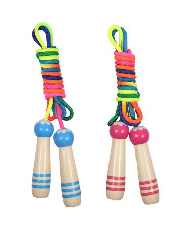 Qetlavee jumping rope children 2 pieces 220cm adjustable rope jumping Jump Rope with wooden handle skipping rope beginning of school gifts for boys and girls jump rope for children from 6 8 10 years blue+pink handle