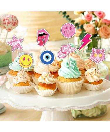 Whaline 40Pcs Preppy Pink Party Cupcake Toppers 10 Designs Paper Cake Decor Cute Cupcake Picks for Y2K Bachelorette Birthday Party Supplies Photo Booth Props - Buy Online on SooperMarket.com
