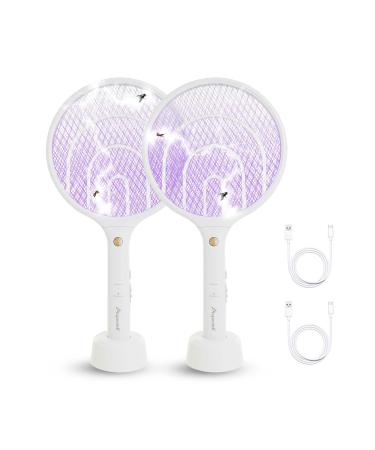 Aspectek 2 Pack Electric Fly Swatter 3000V 2 in 1 Mosquito Zapper USB Charging Cable White Double Mosquito Swatter