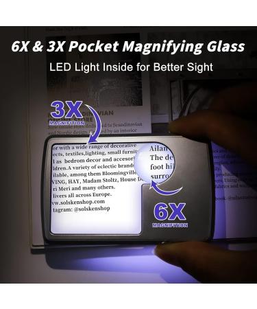 Premium 6X 3X Pocket Magnifying Glass with Light Small Lighted Magnifiers for Kids Seniors Reading Fine Prints Handheld Magnafining Glasses Magnify Glass with Protective Sleeve - Buy Online on SooperMarket.com