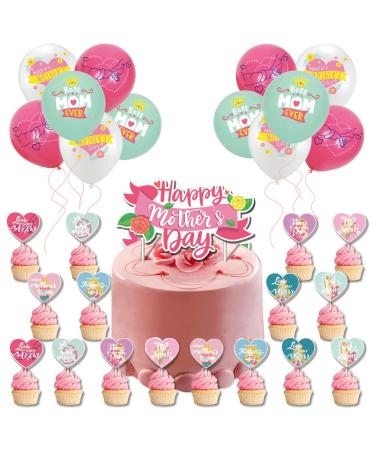 17Pcs Mother's Day Cake Toppers+12Pcs Mother's Day Ballons Happy Mother's Day Cupcake Toppers Mother's Day Gift Mother's Day Cake Party Decoration Supplies.