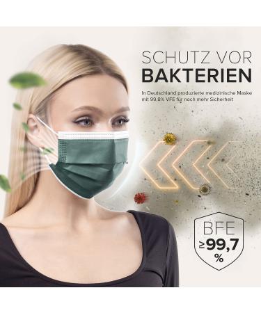 Dark Green Disposable Face Masks - 100 Pack | Made in Germany | CE Certified, Type IIR | Breathable Triple Layer, 99.78% Filtration | Elastic Earloops, Adults | 17.5cm x 9.5cm - Buy Online on SooperMarket.com