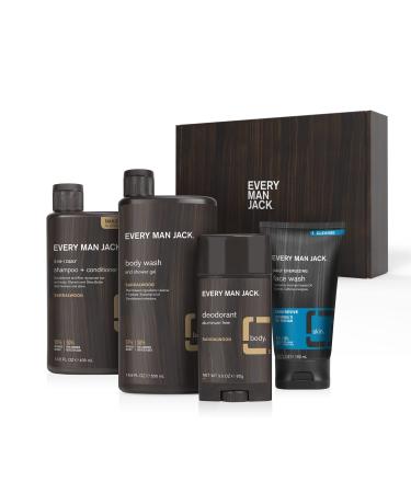 Every Man Jack Mens Sandalwood Body Set - Bath and Body Gift Set with Clean Ingredients & A Gentlemanly Sandalwood Scent - Round Out His Routine with Body Wash, 2-in-1 Shampoo, Deodorant & Face Wash