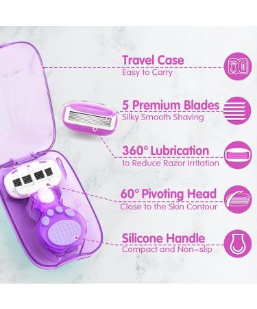 Travel Razors for Women | 5-Blade Portable Razor with Case | Smooth Shaving Essentials in Purple - Buy Online on SooperMarket.com