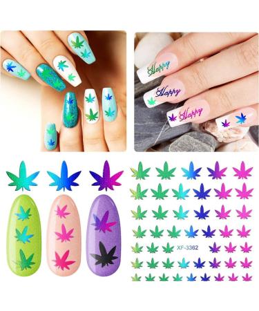 12 Sheets Pot Leaf Nail Art Stickers | Self-Adhesive 3D Maple Leaf Decals for Fall Nail Art | Glitters, Flakes & Colorful Weed Design - Buy Online on SooperMarket.com