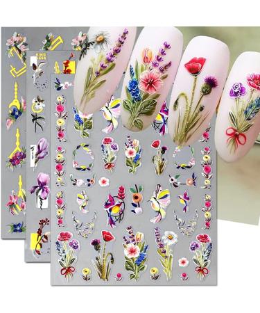 Dornail 3 Sheets 5D Embossed Bronzing Nail Stickers Floral Nail Decals Spring Flower Grass Bird Nail Art Stickers Colorful Flower Stickers for Nails Women Manicure Decor Nail Accessories