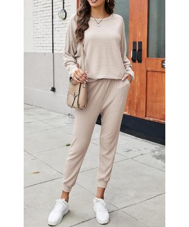 PRETTYGARDEN Women's Fall Fashion 2 Piece Sweatsuit Set | Solid Color Long Sleeve Pullover & Pants Tracksuit in Apricot - Size Medium - Buy Online on SooperMarket.com