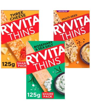 Flatbread Crackers Bundle With Ryvita Thins Rosemary & Sea Salt Flatbread 125g Multi-Seed Flatbread Crackers 125g and Three Cheese Flatbread Crackers 125g (3 Pack)