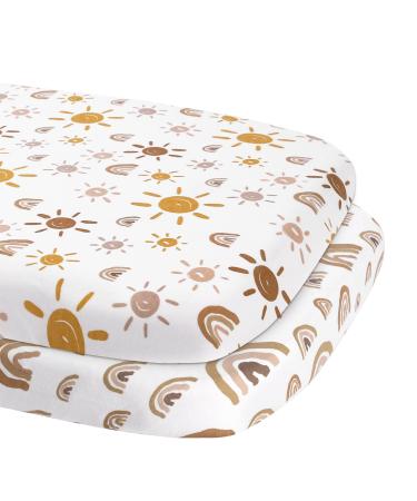 Babebay Bassinet Sheet Fitted for Baby Boy and Girl, Jersey Knit Cotton for Natural Comfort Fitted for Oval, Hourglass and Rectangular Mattress, Soft and Safe, 2 Pack (Rainbow and Sun) Bassinet Sheets 2 Pack