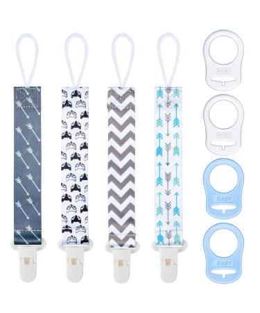 Aolso Silicone Dummy Clips Adapter 4pcs Baby Pacifier Chain with 4pcs Adapters Silicone Ring Adapter Baby Pacifier Holder Soother Clip Chain Straps Baby Teething Toys(Grey) 4pcs-blue/white/grey