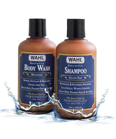 WAHL Body Wash & Shampoo Shower Combo Kit with Essential Oils for Men Restorative Nourishing Exfoliating & Moisturizing with Meadowfoam Seed Oil Clove Oil & Moringa Oil Brown - Model 805701