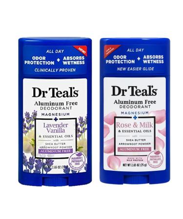 Dr. Teals Deodorant Variety Gift Set (2 Pack 2.65oz Ea.) - Vanilla Lavender & Rose & Milk - Essential Oils Shea Butter & Magnesium Help Absorb Moisture & Keep Skin Clean & Healthy