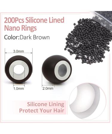 Vlasy Nano Beads Silicone Lined 3.0mm - 200PCS with Hair Extension Loop Needle Threaders - Dark Brown Set for Hair Extensions - Buy Online on SooperMarket.com
