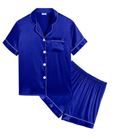 SWOMOG Kids Silk Pyjamas Girls Boys Short Sleeve Satin PJs Sets Button-Down Silky Nightwear Children Sleepwear Teens Age 4-16 10-11 Years Blue