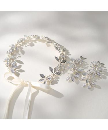 SWEETV Bridal Headpieces for Wedding Headband and Earrings Set  Handmade Wedding Hair Accessories for Brides